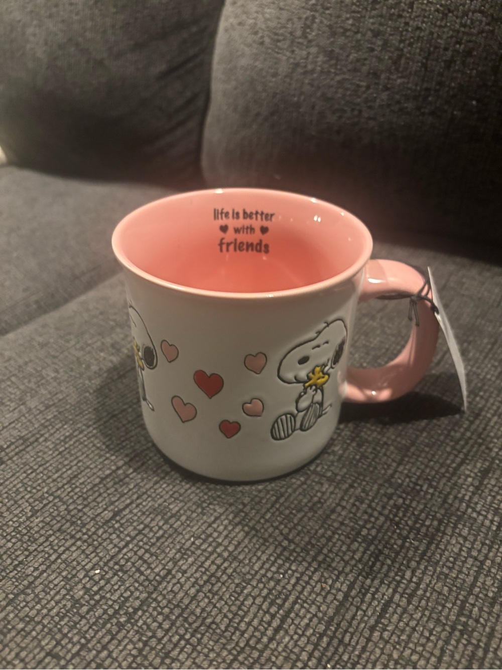Peanuts Snoopy Pink and White Ceramic Mug l Hearts life is better with friends
